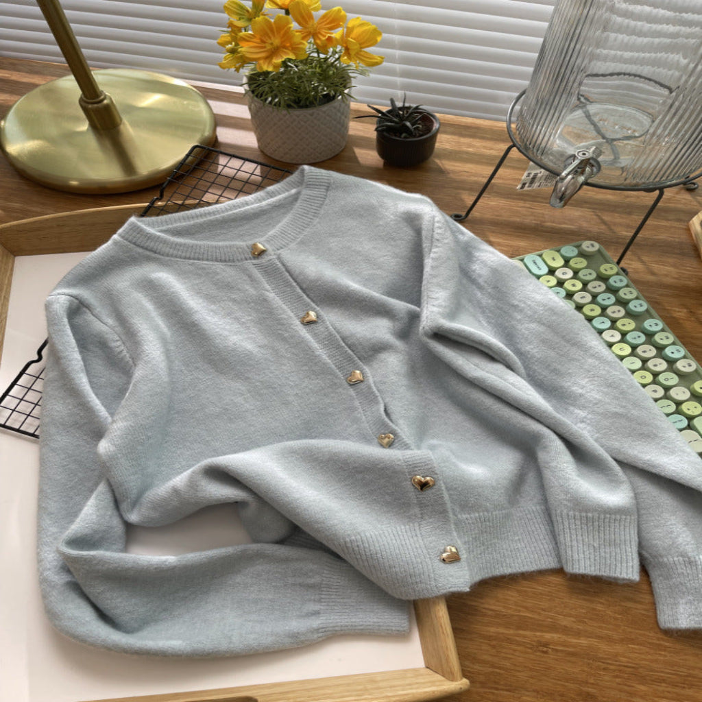 Amour Heart-Button Cardigan – Soft Knit