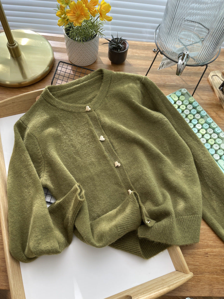 Amour Heart-Button Cardigan – Soft Knit