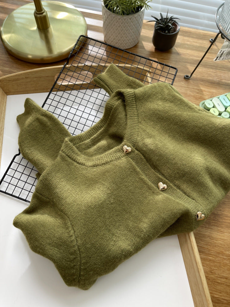 Amour Heart-Button Cardigan – Soft Knit