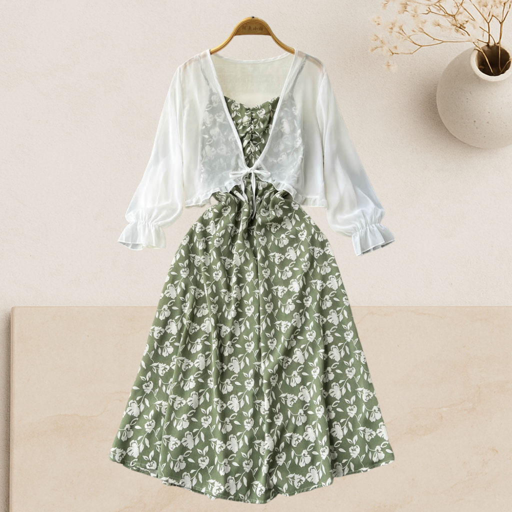 Rosalie Set — Floral Midi Dress with Sheer Shrug