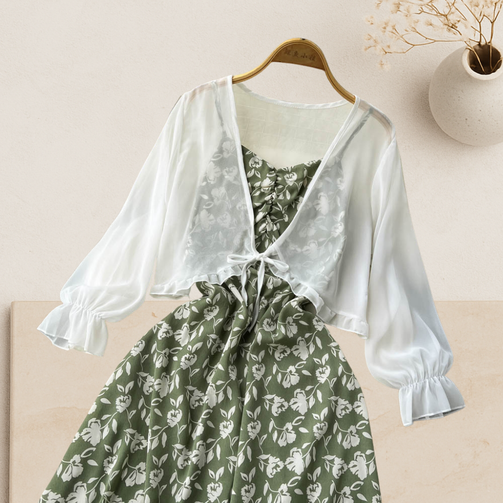 Rosalie Set — Floral Midi Dress with Sheer Shrug