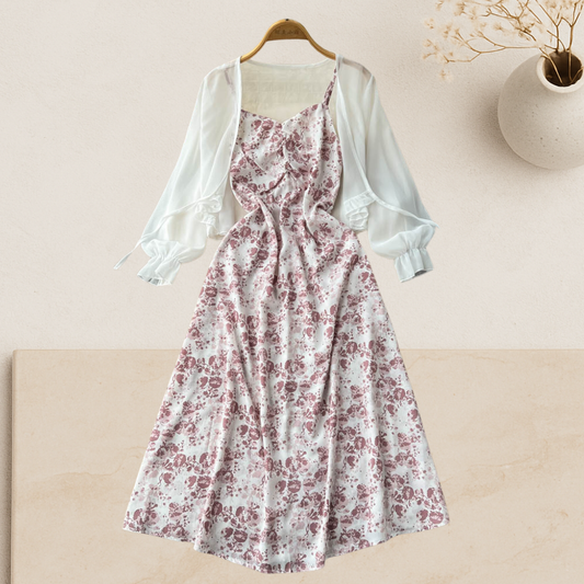 Rosalie Set — Floral Midi Dress with Sheer Shrug