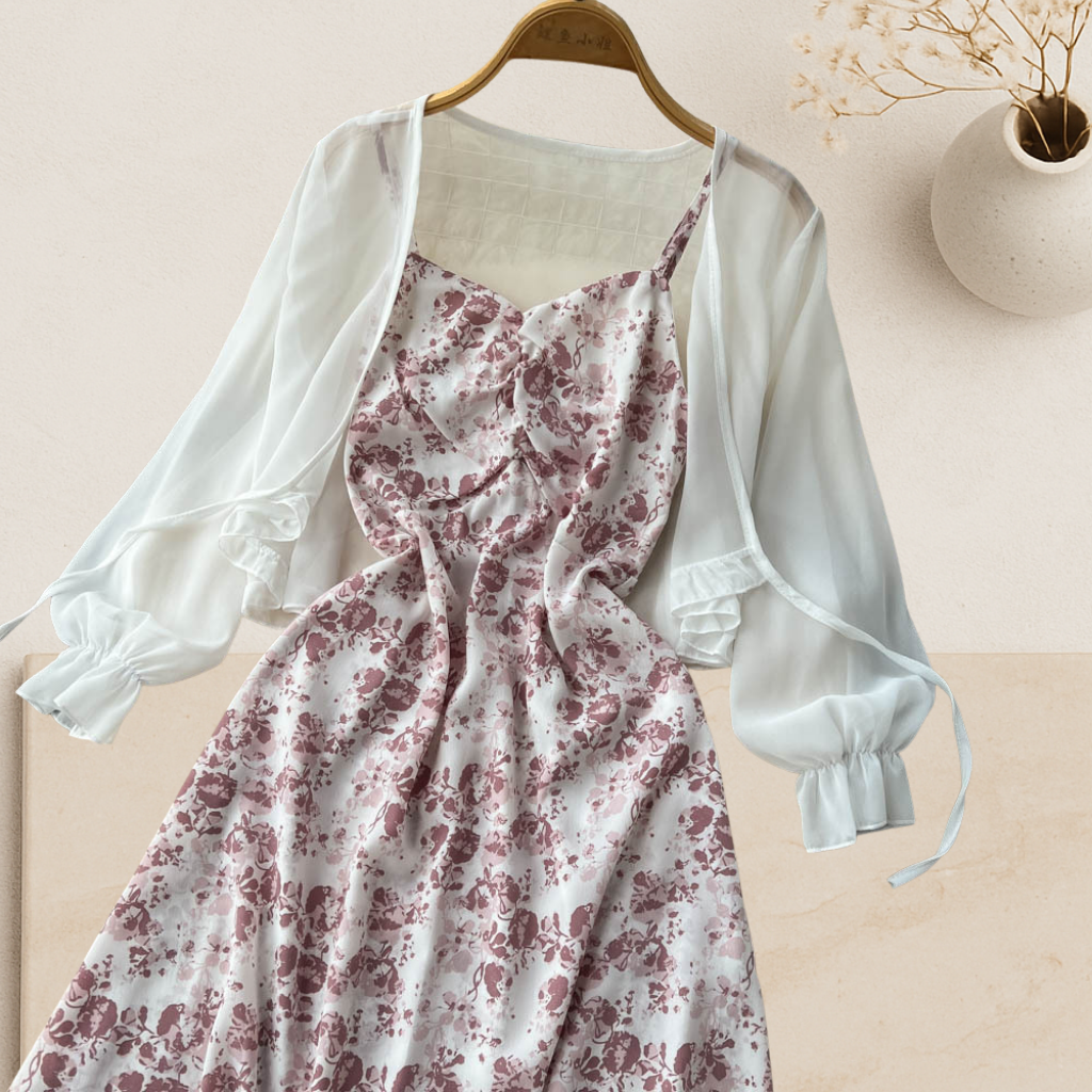 Rosalie Set — Floral Midi Dress with Sheer Shrug