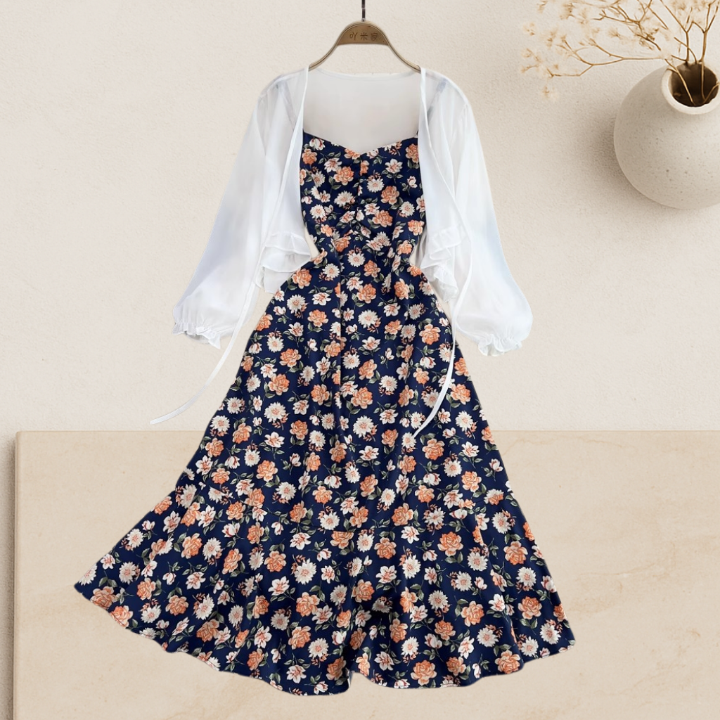 Rosalie Set — Floral Midi Dress with Sheer Shrug