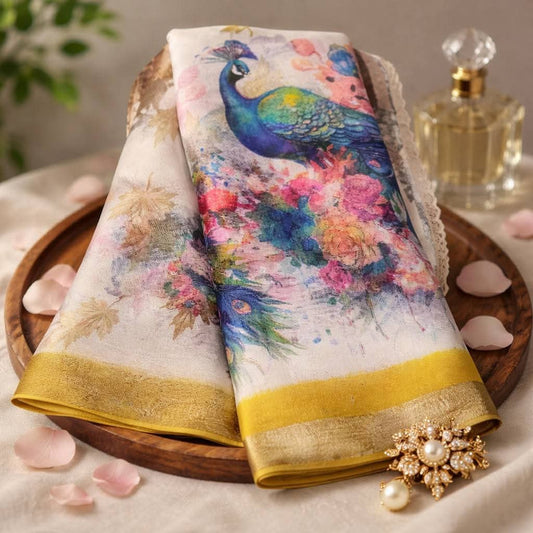 Peacock Floral Linen Saree – Premium Printed Collection