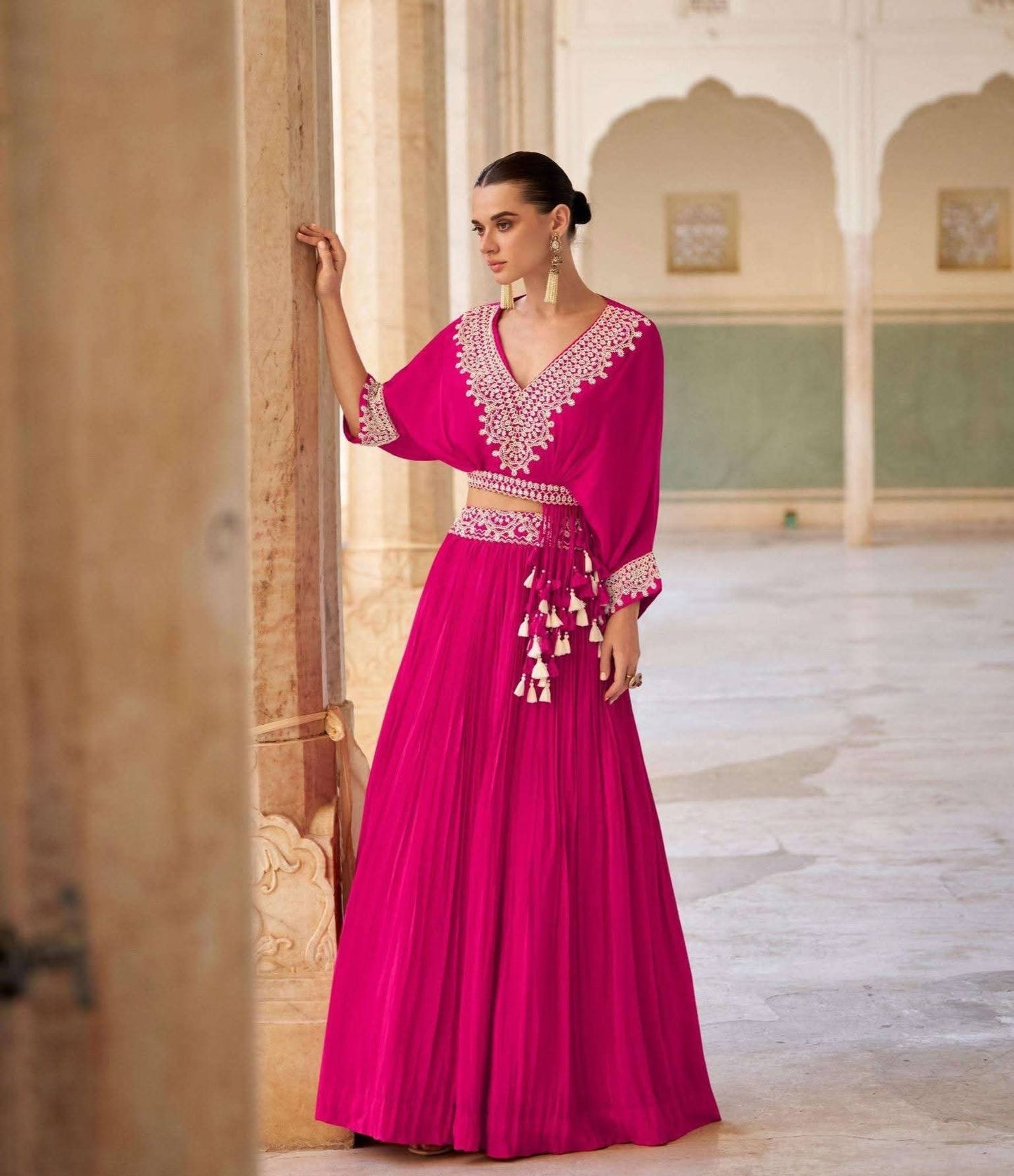 Fuchsia Embroidered Kaftan Lehenga Set