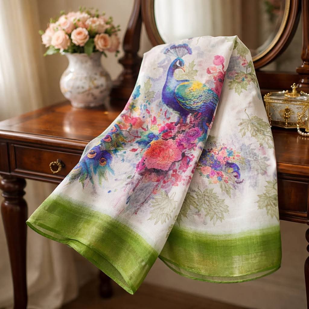 Peacock Floral Linen Saree – Premium Printed Collection